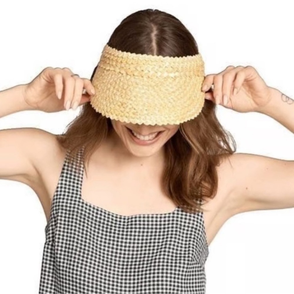 Beach Riot Womens Tan Woven Straw Sun Visor Hat Adjustable Wide Brim